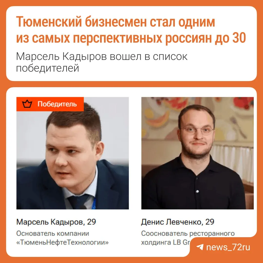 Кадыров, основавший в 22 года компанию «ТюменьНефтеТехнологии», отмечен в номинации «Предприниматели» за развитие научно-инженерной платформы, публикации и патенты.