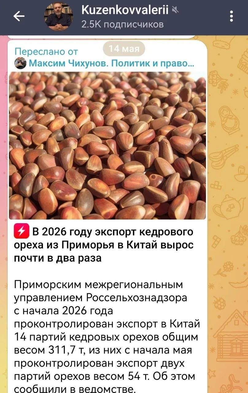 Экспорт кедрового ореха из Приморского края за полтора года почти удвоился. Дискуссия о связи этого роста с выходами амурских тигров к населённым пунктам продолжается — у экспертов есть разные мнения.