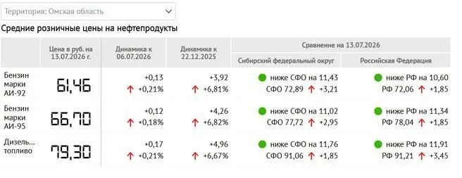 Средние цены на бензин и дизель в Омской области выросли на 6–7% по сравнению с концом прошлого года, но остаются ниже среднего по России.