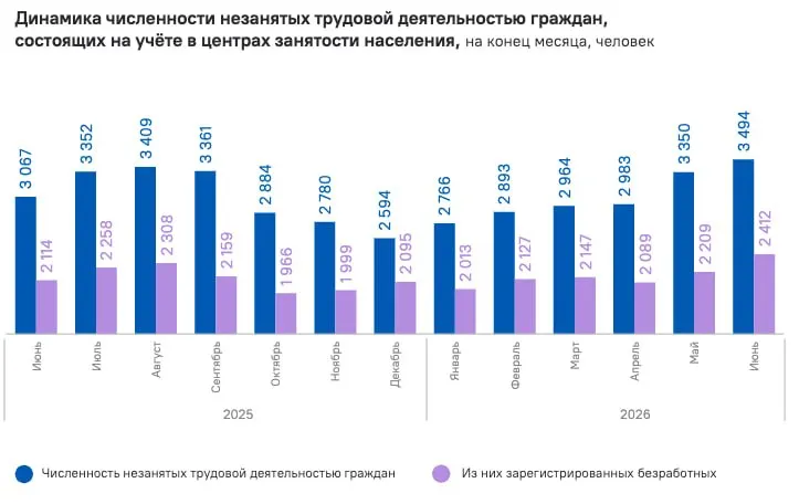 В Калининградской области продолжает расти безработица: на конец июня зарегистрировано 2 412 безработных, общее число зарегистрированных лиц достигло около 3,5 тысячи.