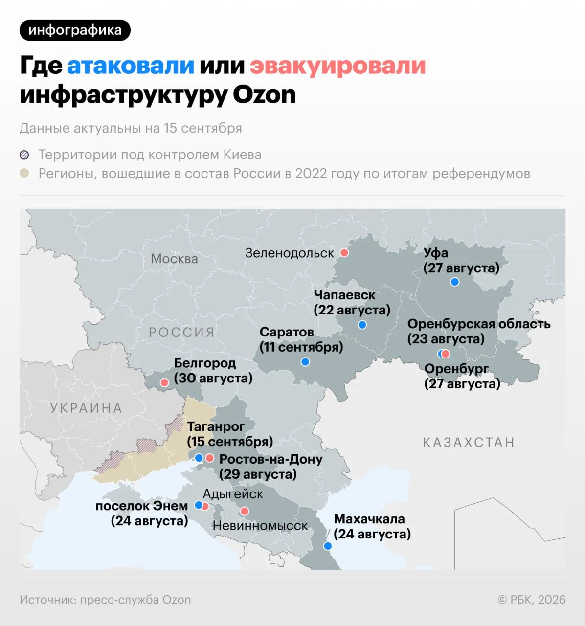Ночью 15 сентября в Таганроге эвакуировали хаб доставки логистического партнера Ozon. По данным компании, пострадавших нет; возгорание зафиксировано в соседнем здании.