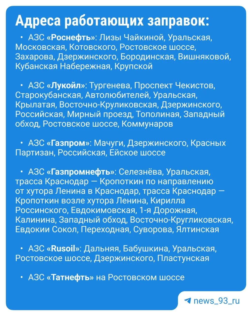 По данным МЦУ, в Краснодаре насчитывается 85 АЗС. АИ-92 доступен на 50 станциях, АИ-95 — на 47, АИ-100 — на 6, дизель — на 83. Ранее чиновники заявляли, что не знают, где отпускают топливо для спецтранспорта и по топливным картам.