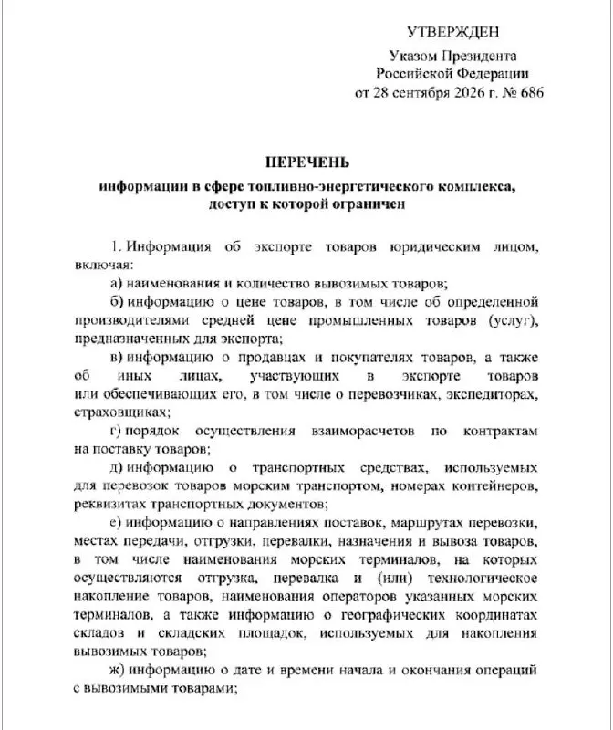 Указ ограничивает доступ к сведениям об экспорте и объёмах НПЗ, предусматривая исключения для самораскрытия информации организациями.