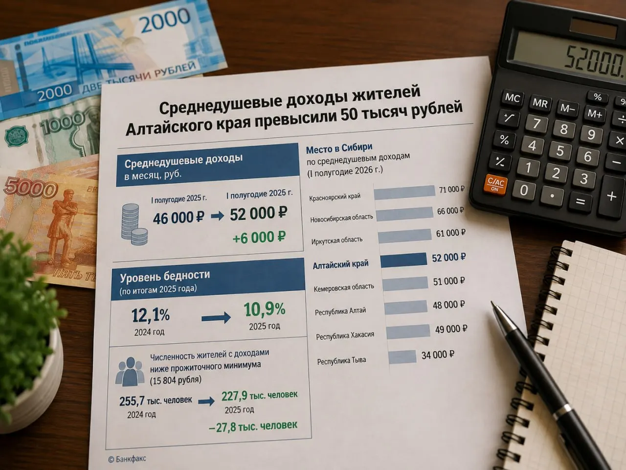 В первом полугодии 2026 года средний доход на душу населения в регионе составил 52 тысячи рублей в месяц, что на 6 тысяч выше прошлого года.