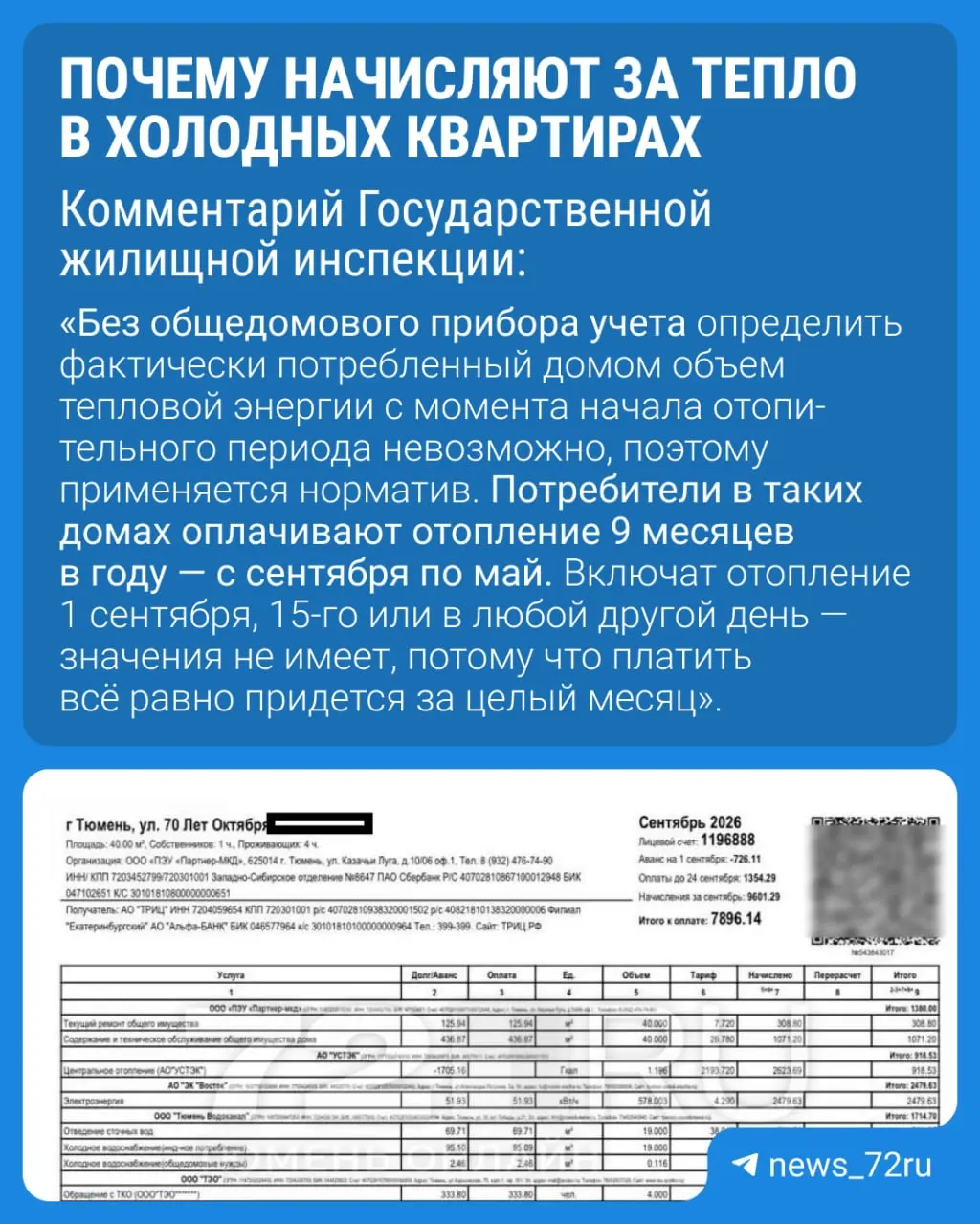 Несмотря на то, что отопление ещё не запущено, жители получают счета за сентябрь как за полный месяц.